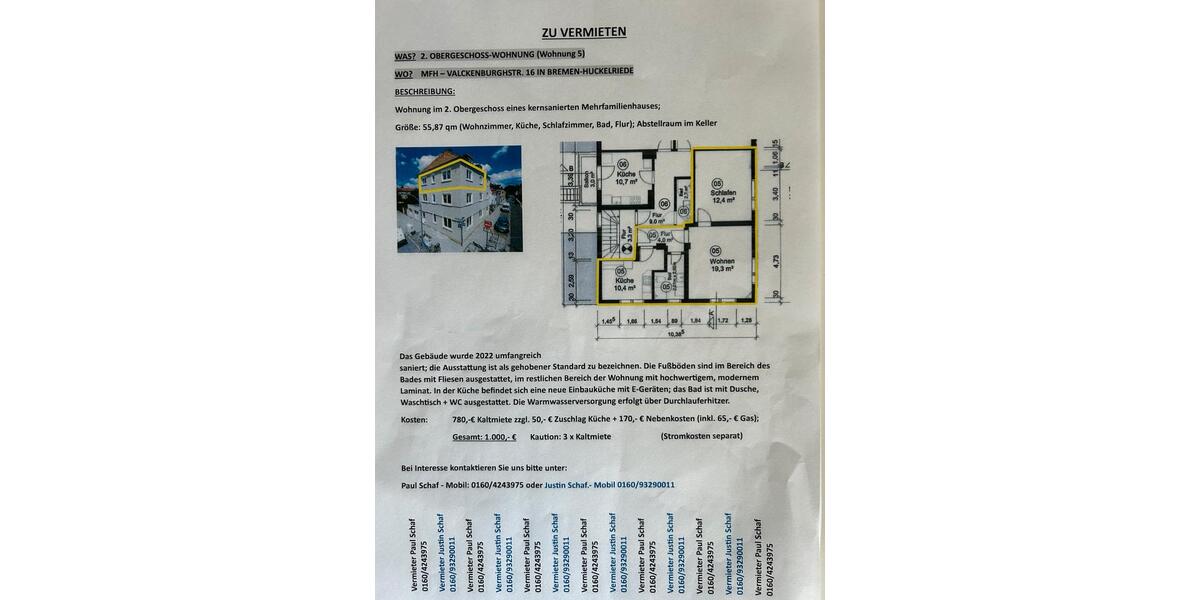 Etagenwohnung Bremen Neustadt - 2 Zimmer, 56 m&sup2;, 1.000&euro; | Angebot:27641761